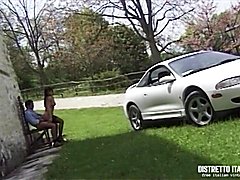 This vintage Italian outdoor cult video features a brunette trans babe with high heels and s...